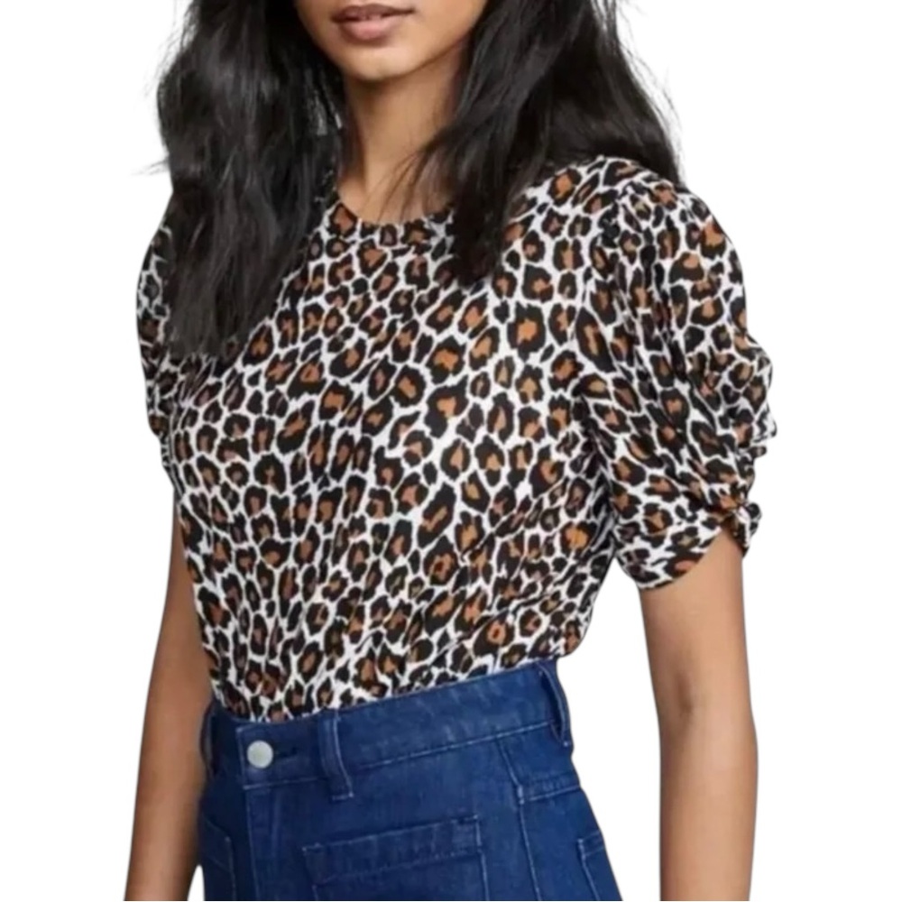 A.L.C. Kati Leopard Print Twist Puff Sleeve Cotton Tee Shirt Small